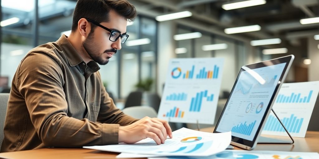 Person analyzing data on a laptop in an office. How to Become a Data Analyst in 2025 post