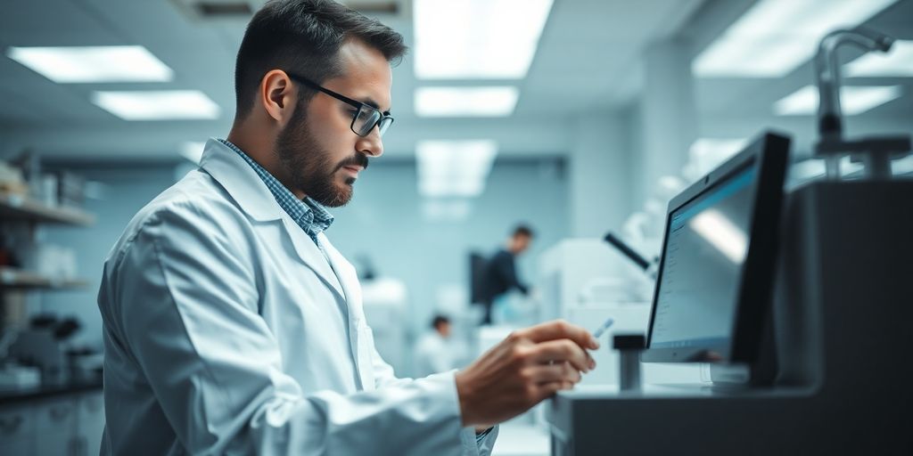 Scientist in lab coat examining data.